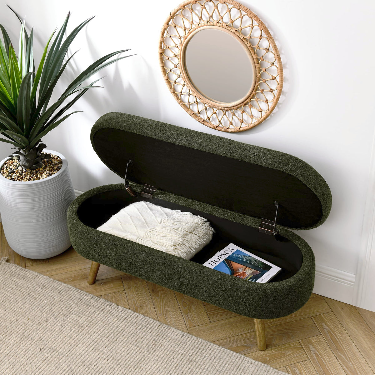 Oval Storage Bench with Rubber Wood Legs Green A157970