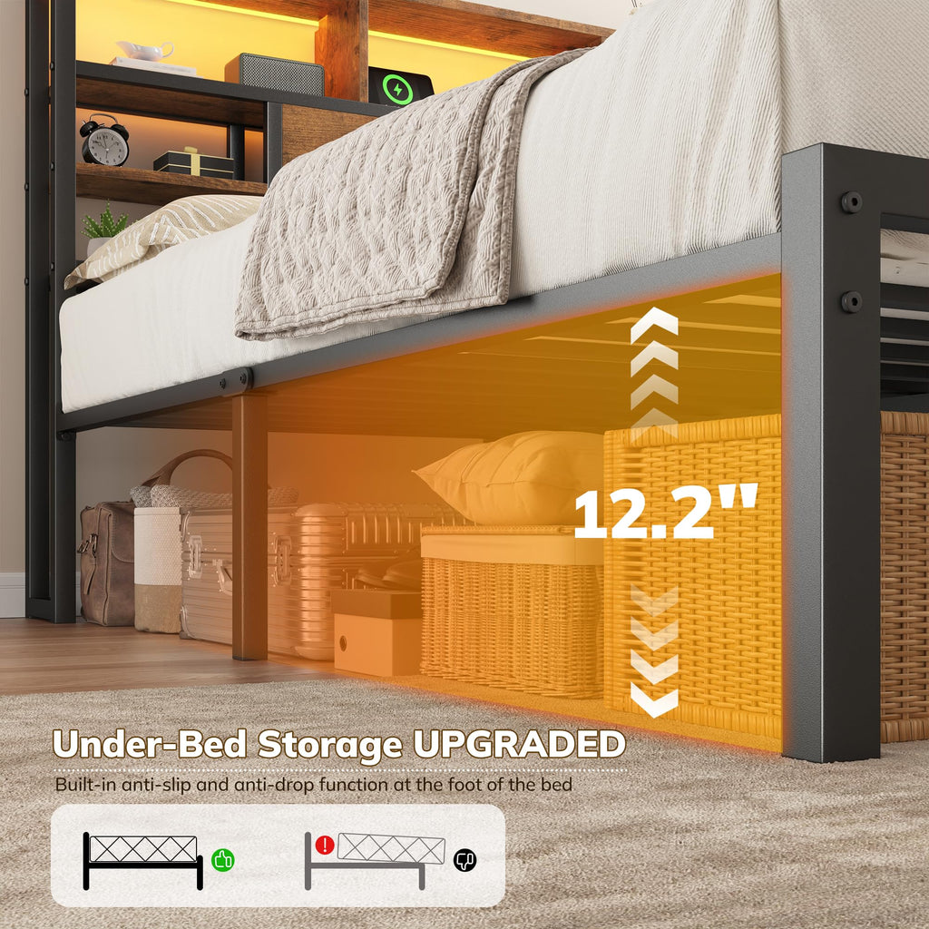 King Bed Frame with Storage Headboard and Charging Station P6449