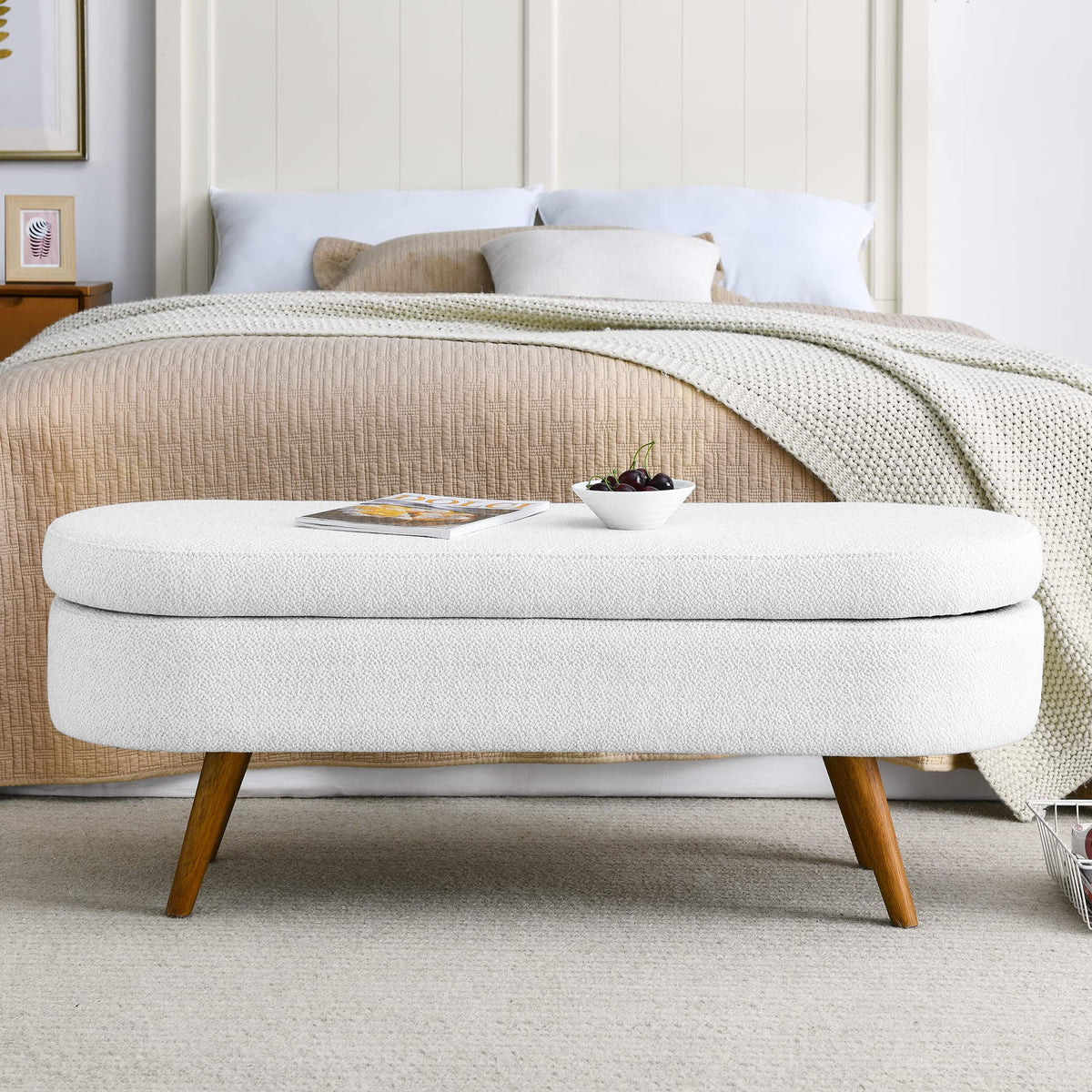 White Oval Storage Bench with Rubber Wood Legs S30045
