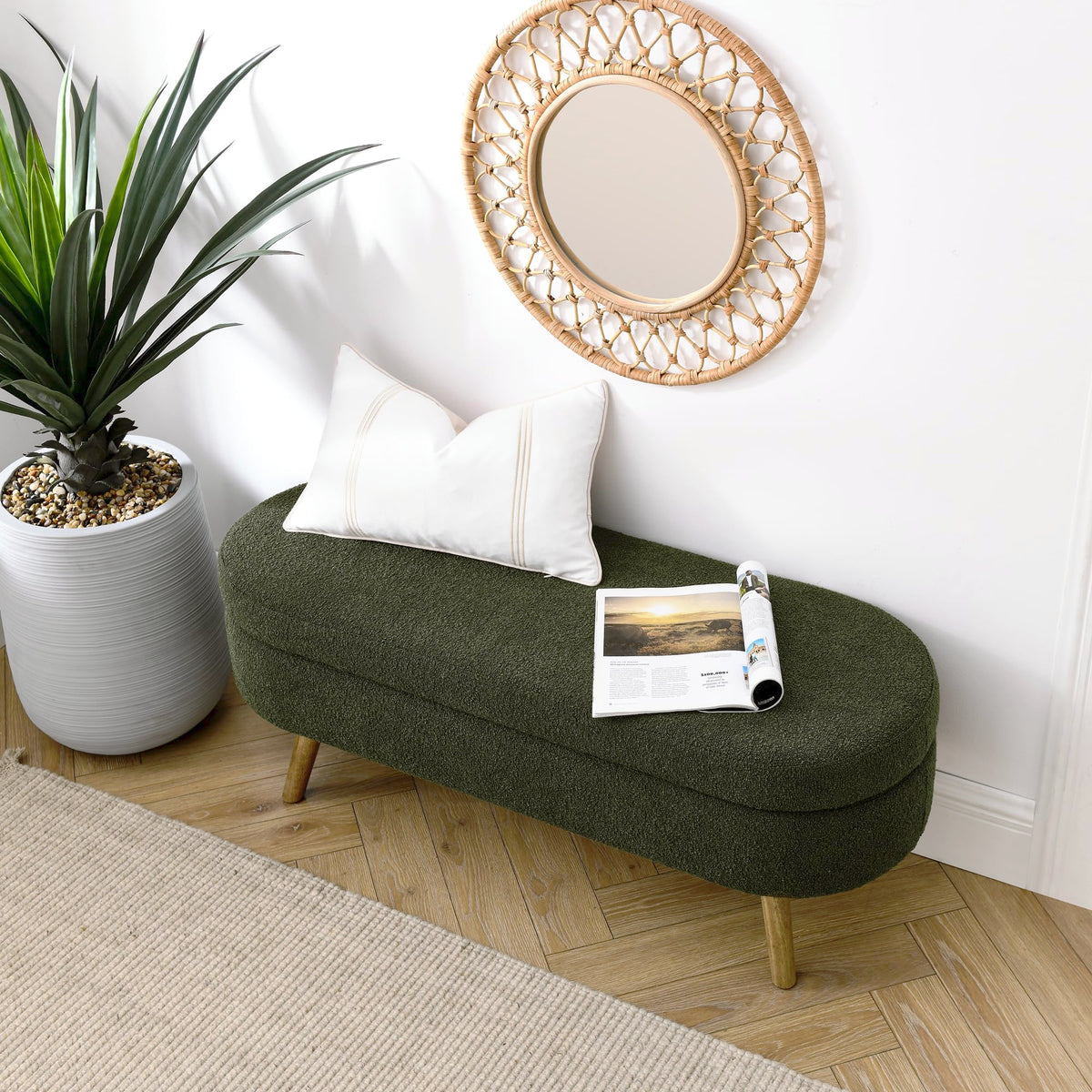 Oval Storage Bench with Rubber Wood Legs Green A157970