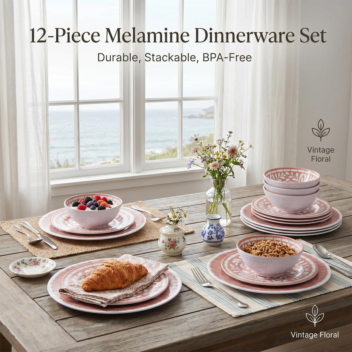 12 Pcs Light Pink Melamine Dinnerware Set A84356