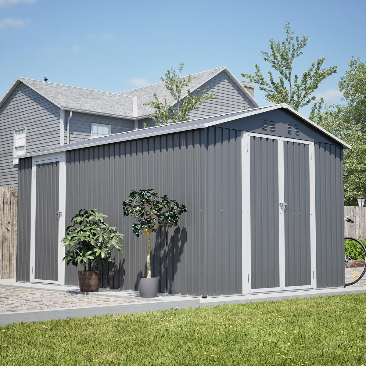 12x8 FT Galvanized Steel Storage Shed with Lockable Doors B53968