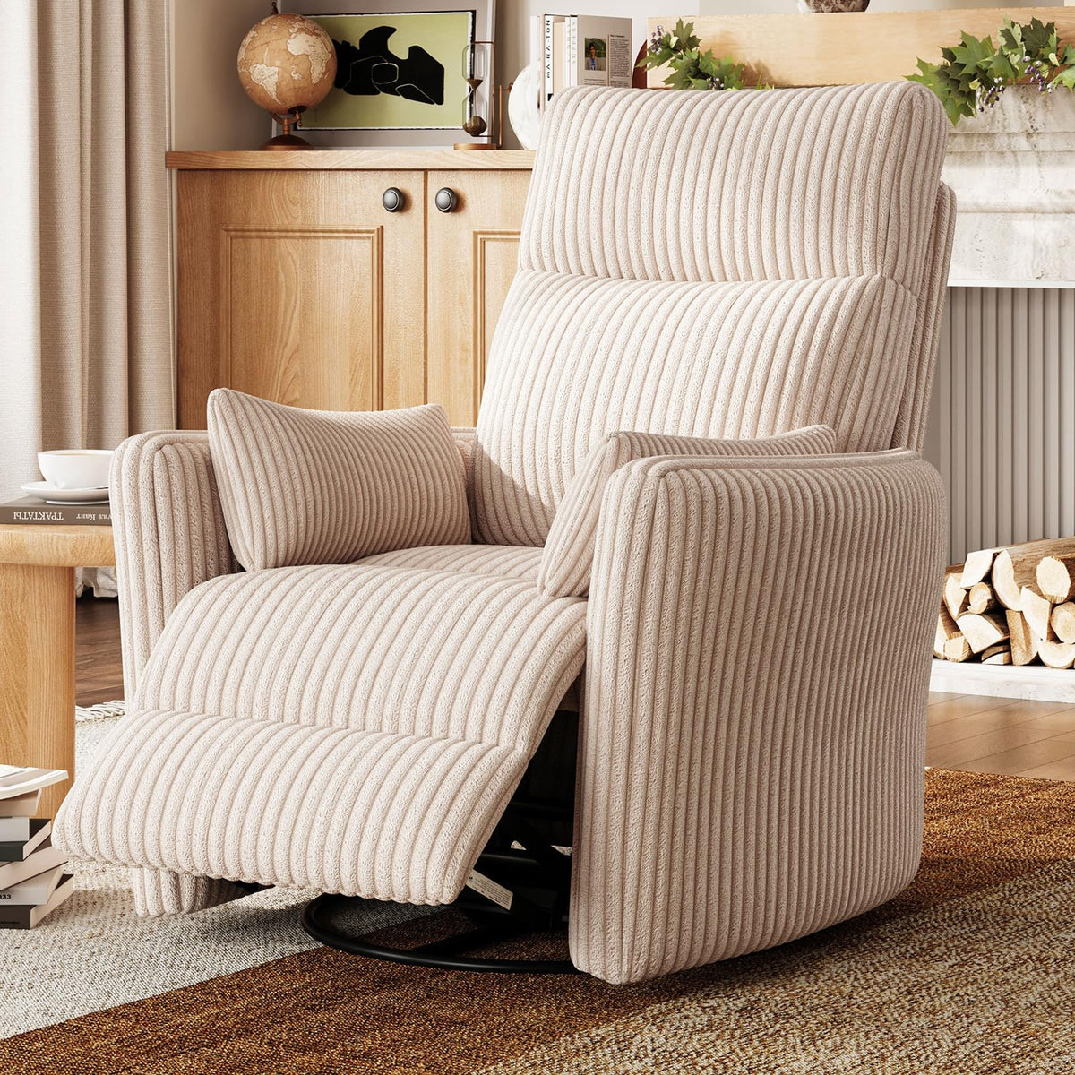 360 Swivel Recliner Chair with 2 Pillows Beige Corduroy W97829