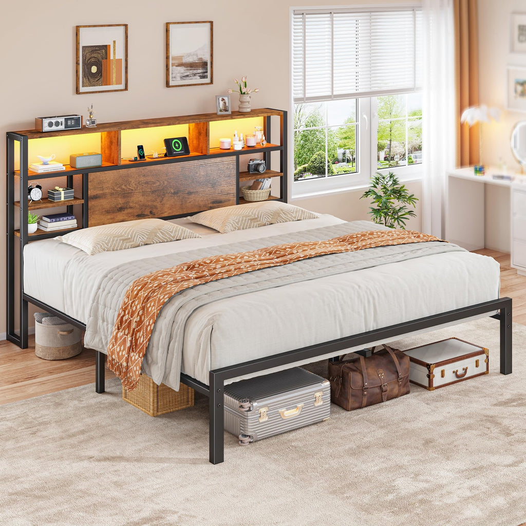 King Bed Frame with Storage Headboard and Charging Station P6449