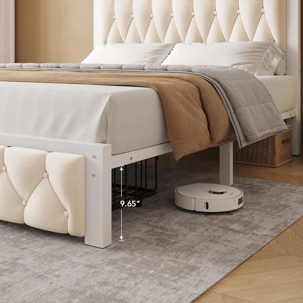 Beige Full Upholstered Platform Bed Frame with 2 Storage Drawers J831683