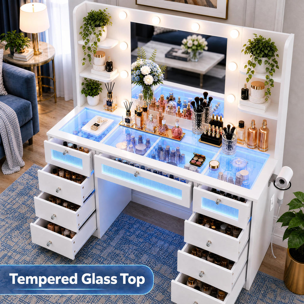 White Vanity with Lighted Mirror and Glass Top R8685