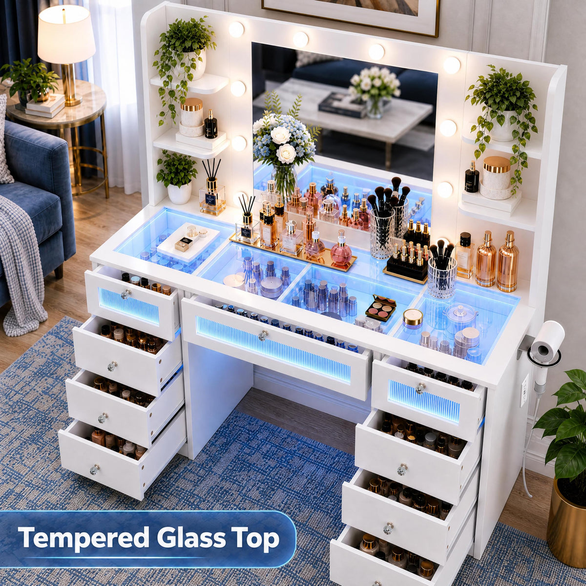 White Vanity with Lighted Mirror and Glass Top R8685