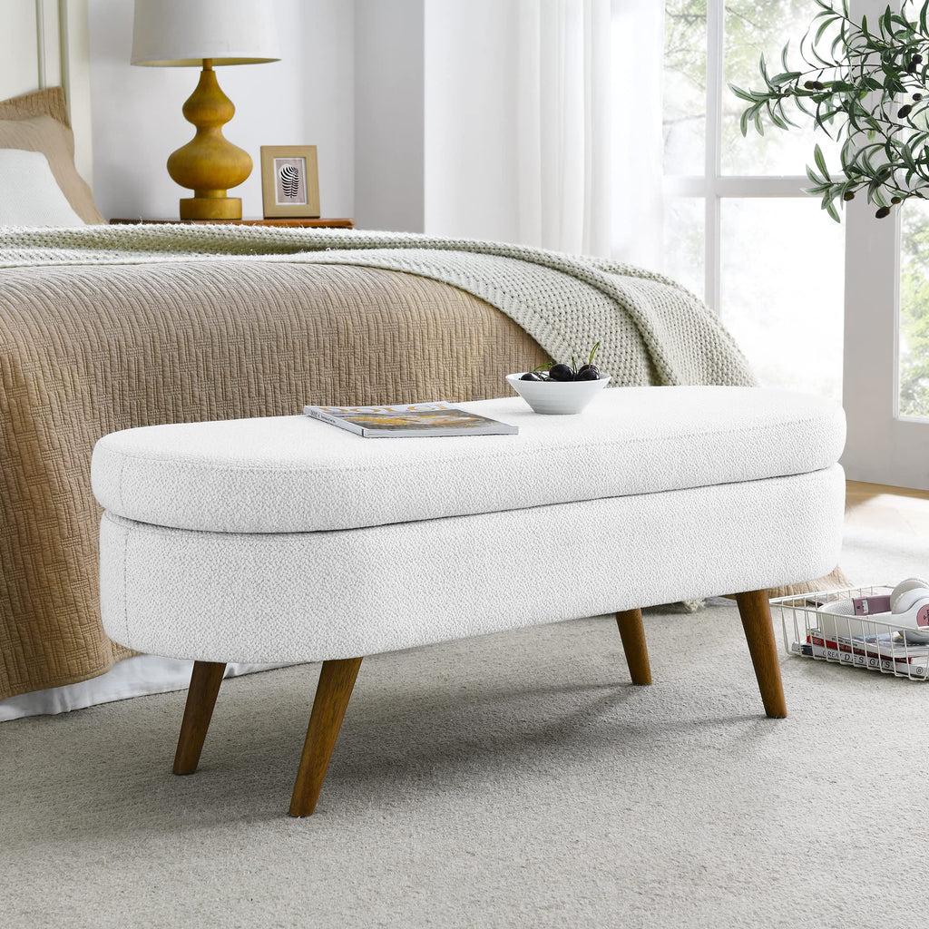 White Oval Storage Bench with Rubber Wood Legs S30045