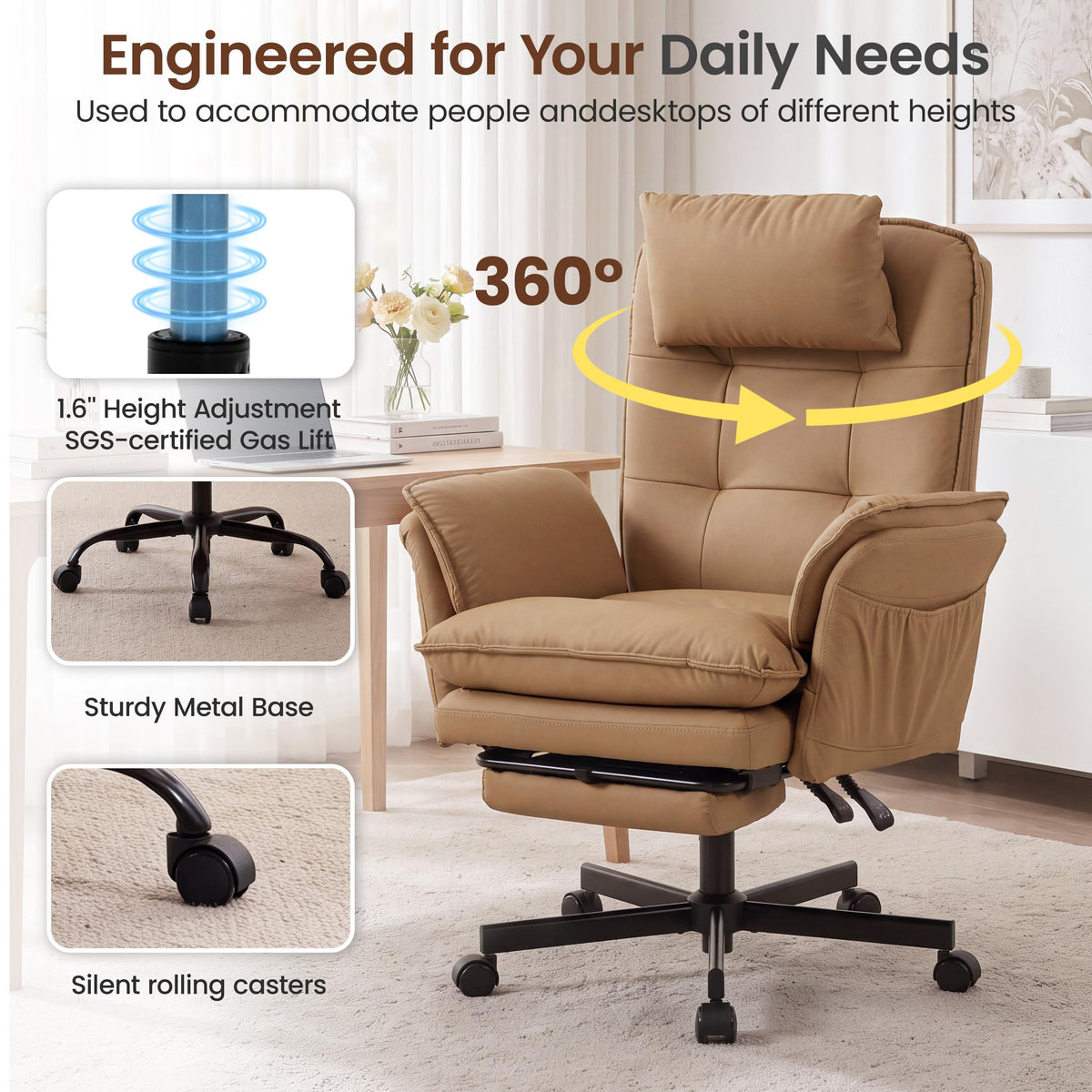 Brown Office Chair with Foot Rest & Flip Armrests K801368