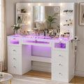 White Vanity with Lighted Mirror and Glass Top R8685