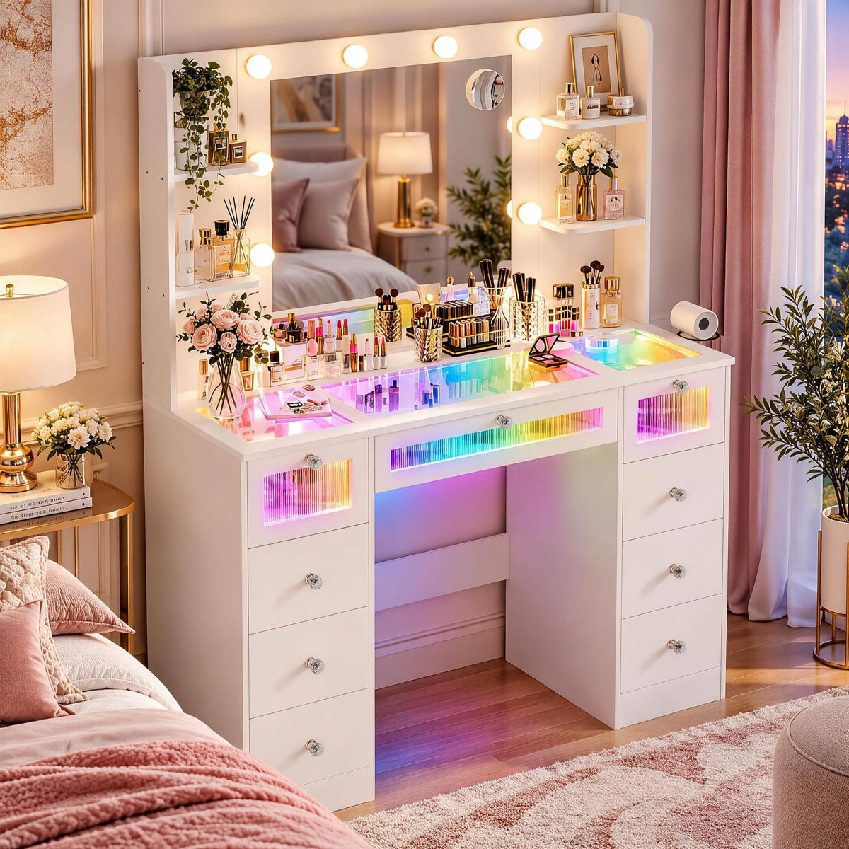 White Vanity with Lighted Mirror and Glass Top R8685